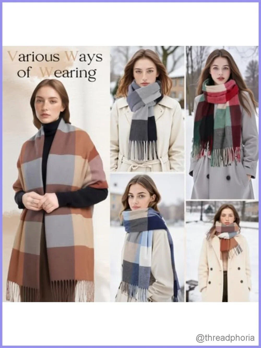 Women's Plaid Tassel Winter Scarf, Soft Lightweight Shawl Wrap